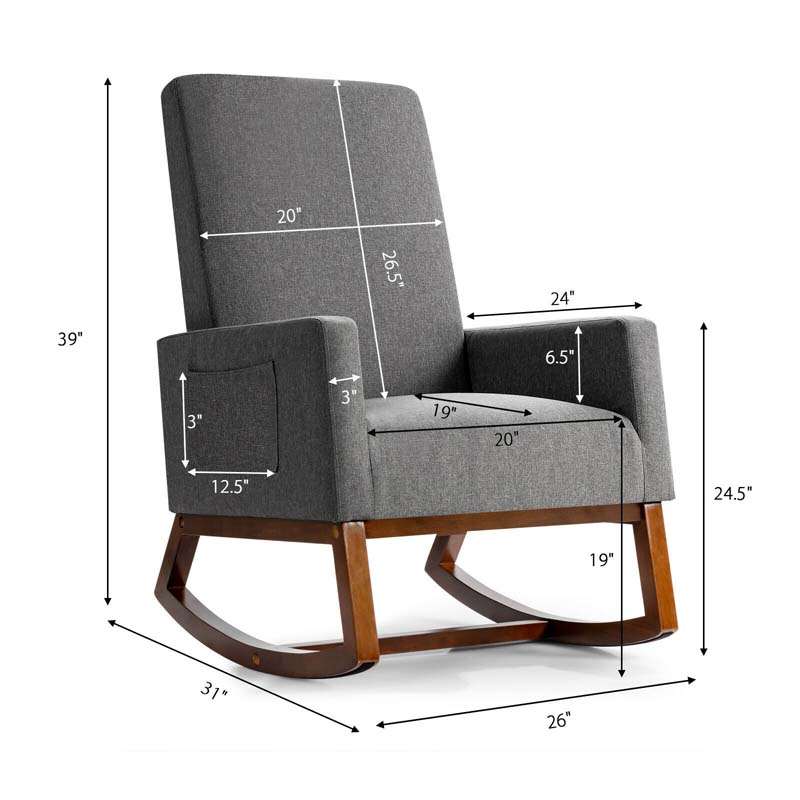 High Back Rocking Chair Upholstered Living Room Chair Nursery Accent Armchair with Wood Base & Side Pocket