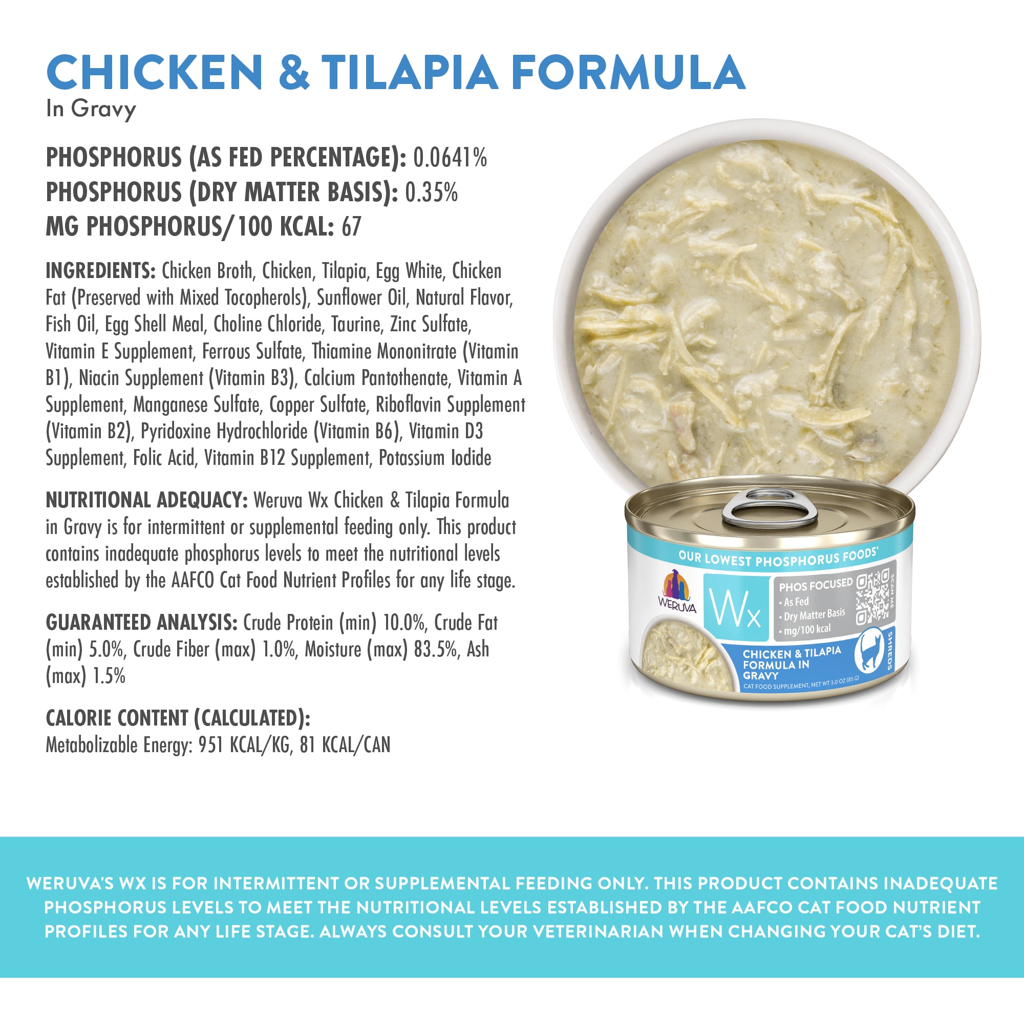 WX Phos Focused Foods Chicken amp; Tilapia Formula in Gravy Wet Cat Food， 3 oz.， Case of 12