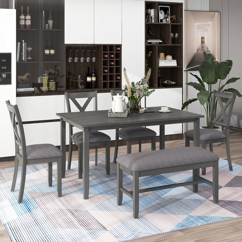 6 Piece Dining Table Set  Rectangular Dining Table  4 Chairs and Bench