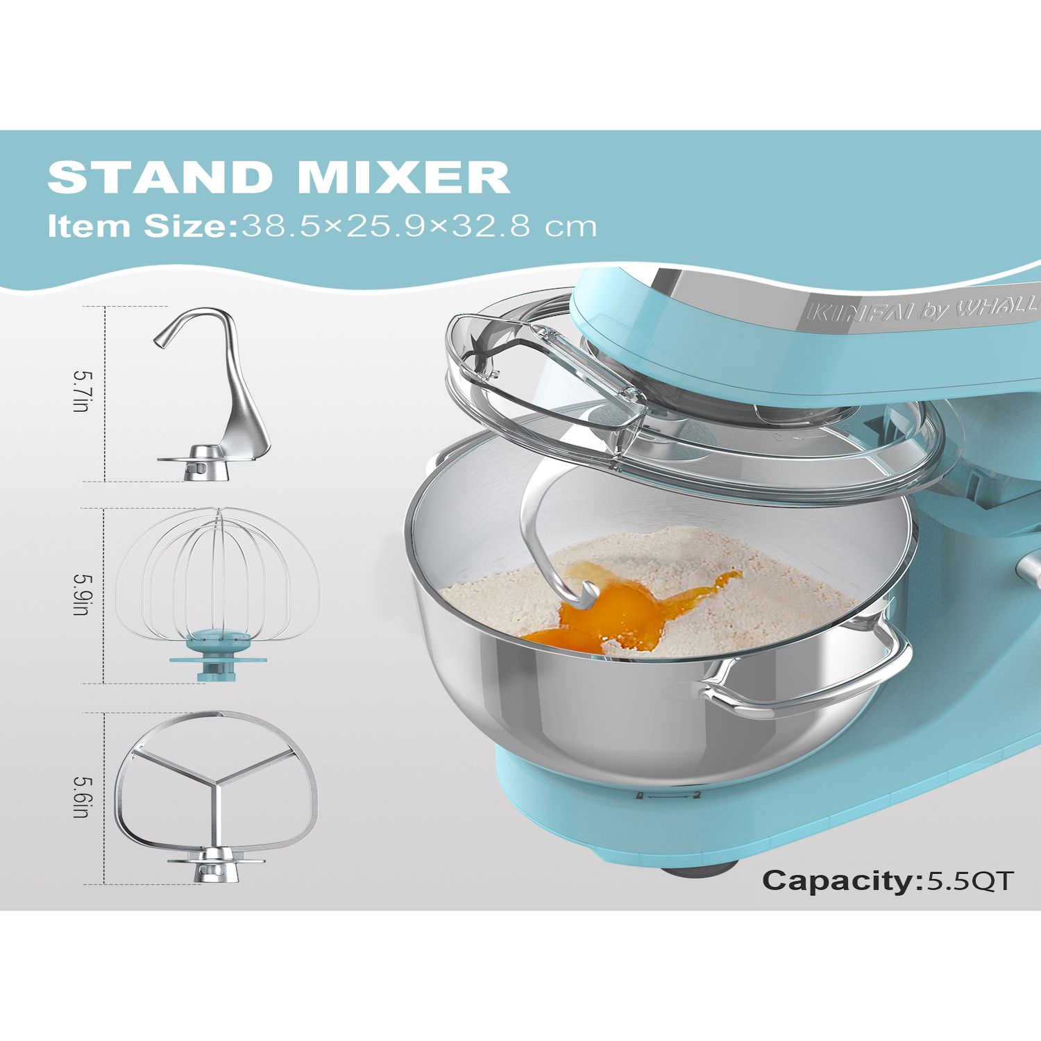 Whall Kinfai Electric Kitchen Stand Mixer Machine with 5.5 Quart Bowl for Cake and Bread Making， Egg Beating， Baking， Dough， Cooking