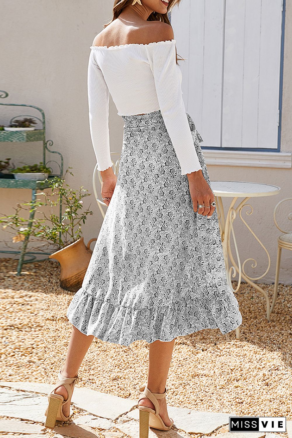 High Waist Split Printing Skirt Dress