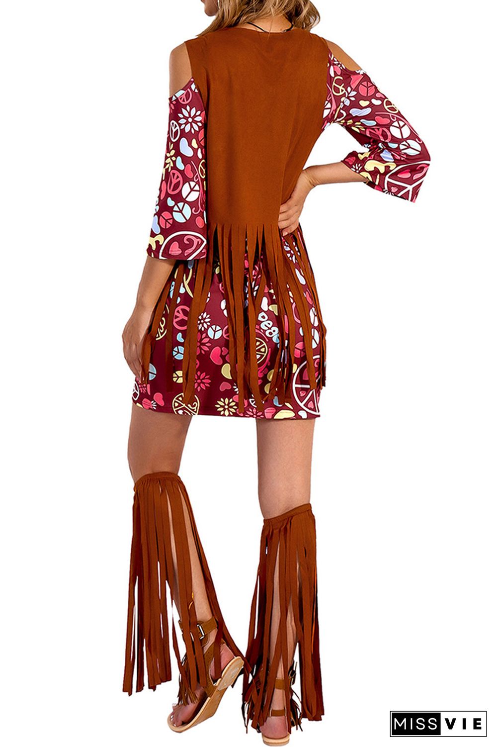 Cold Shoulder Printed Dress with Tassel Vest and Boots Cover and Headband 4pcs Set