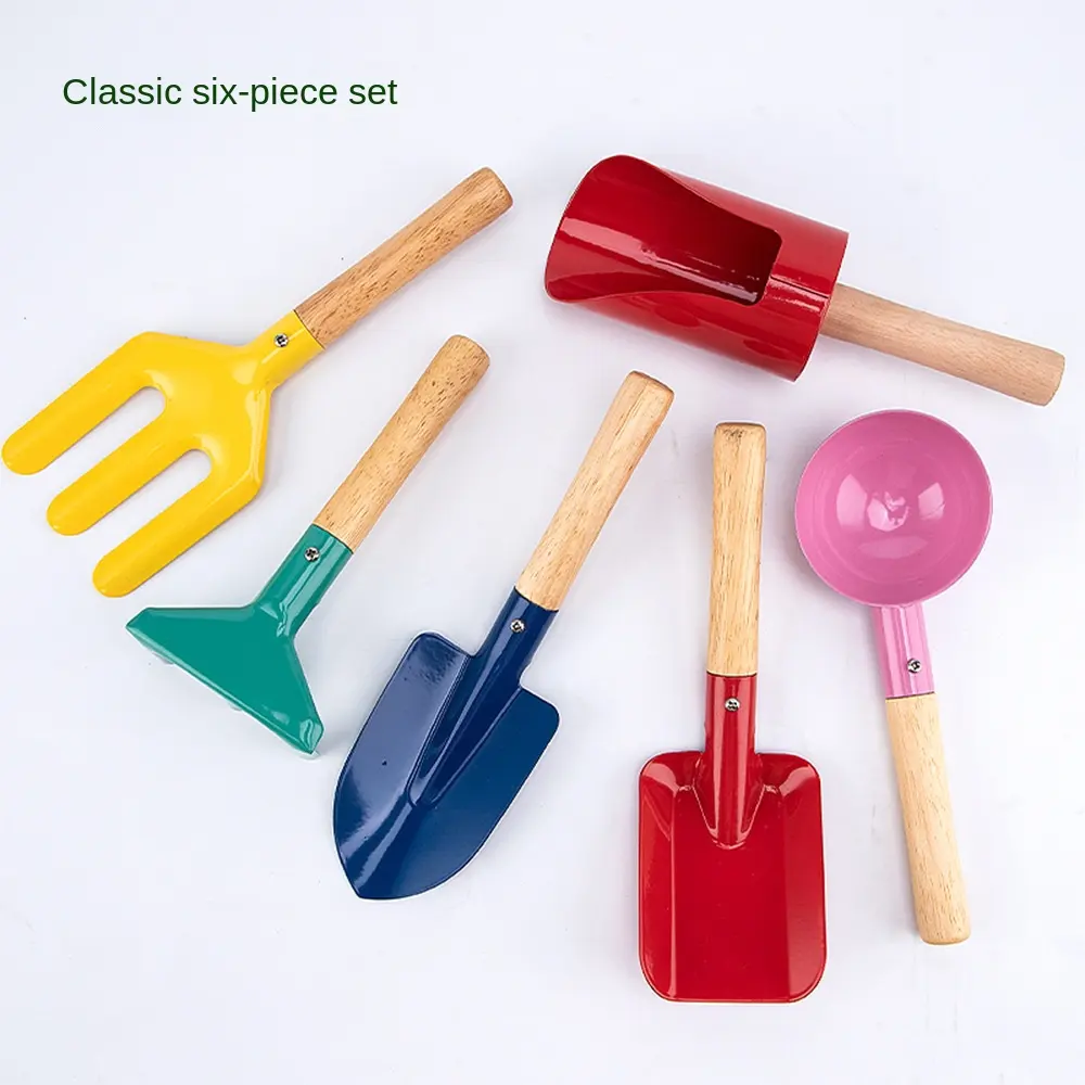 Wholesales  Durable Colorful Carbon Steel Wood Handle 6 Pcs Garden Mini Child Tool Set Kids Hand Garden Tools Kit