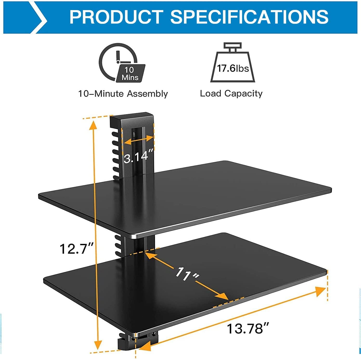 Floating AV Shelf Double Wall Mount TV Shelf - Holds up to 17.6lbs - DVD DVR Component Shelf - Perfect for Xbox, Projector, WiFi Router, Game Console and Cable Box