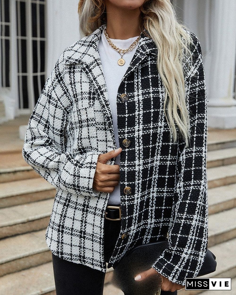 Plaid Print Colorblock Button Design Coat