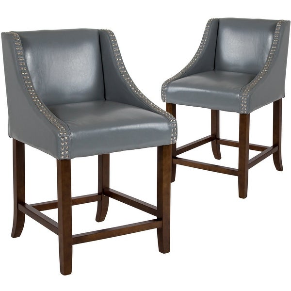 Light Grey Bonded Leather Upholstered Counter Height Dining Stools with Nailhead Trim