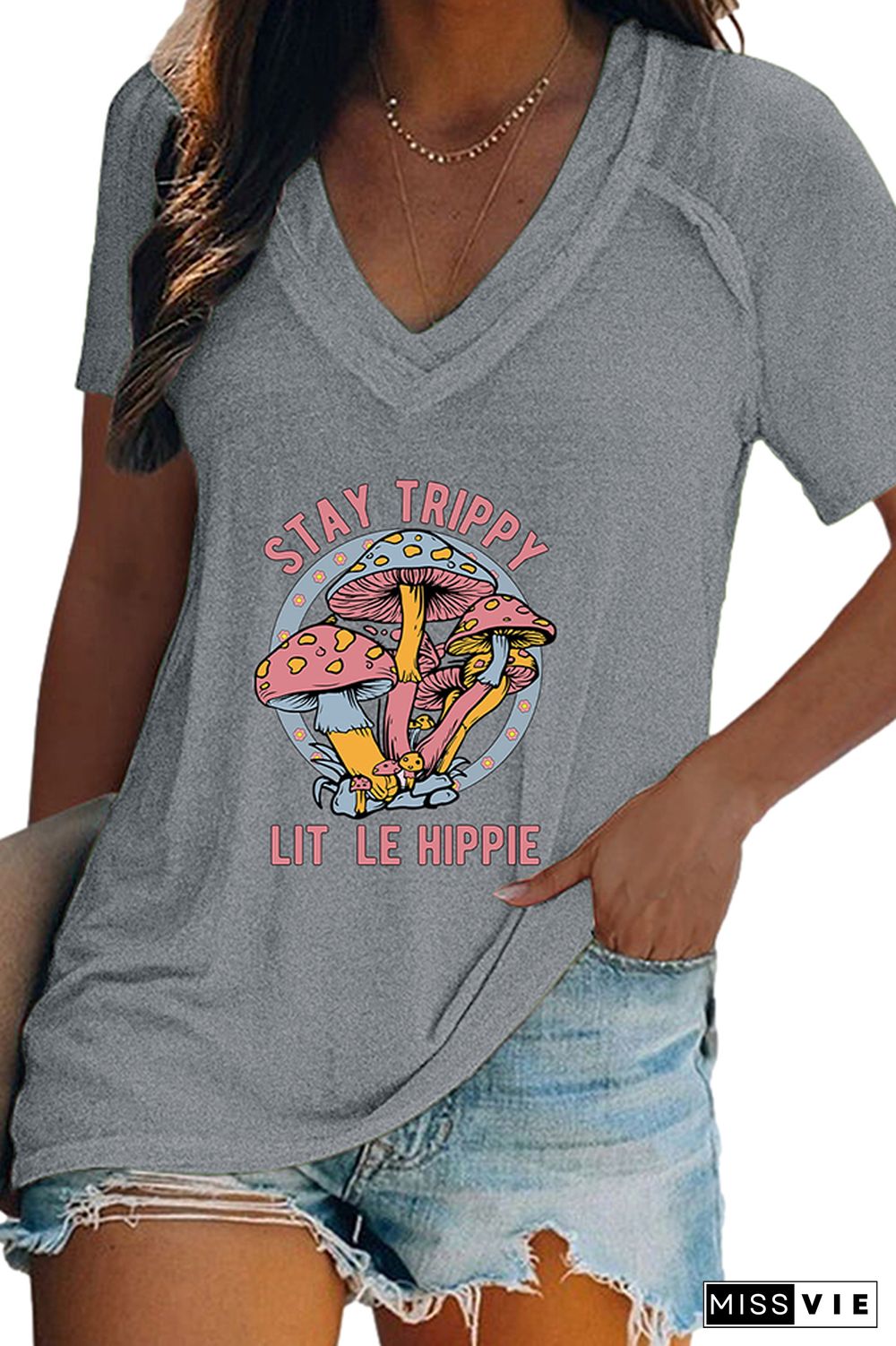 Stay Trippy Little Hippie V Neck Graphic Tee