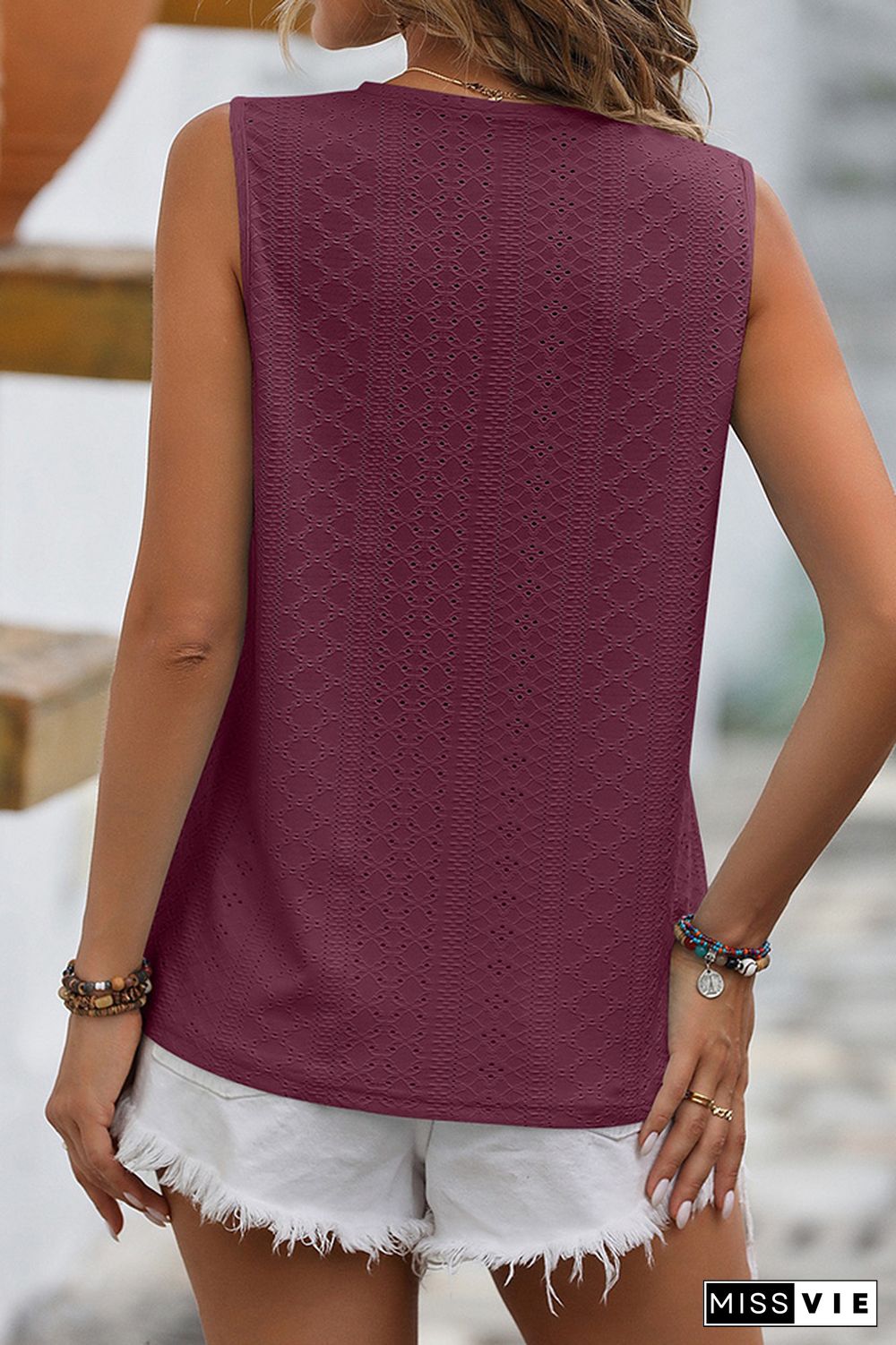 Plain V Neck Lace Edge Eyelet Pattern Tank Top