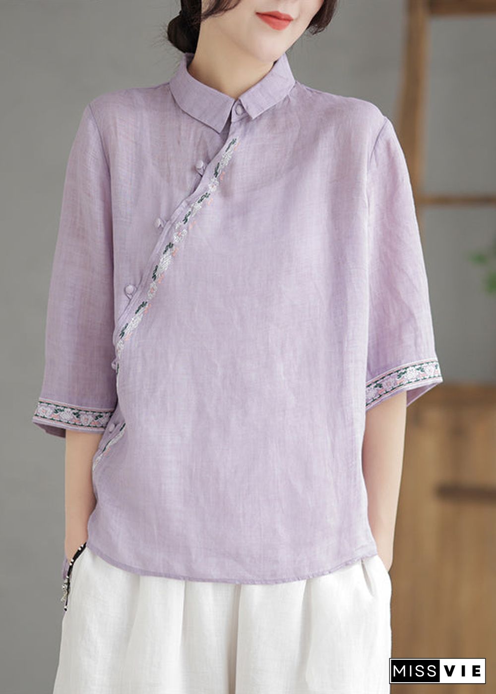 Vintage Purple Embroideried Linen Shirt Half Sleeve