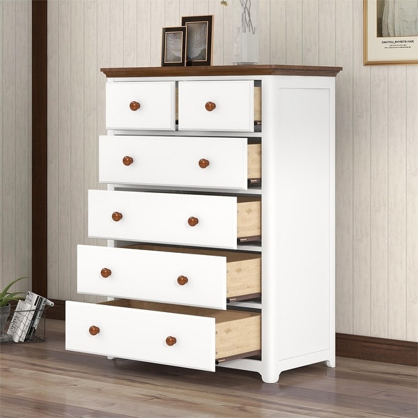 Rustic Wooden Chest with 6 Drawers， Storage Cabinet for Bedroom， Modern Dresser Side Table - - 37970596