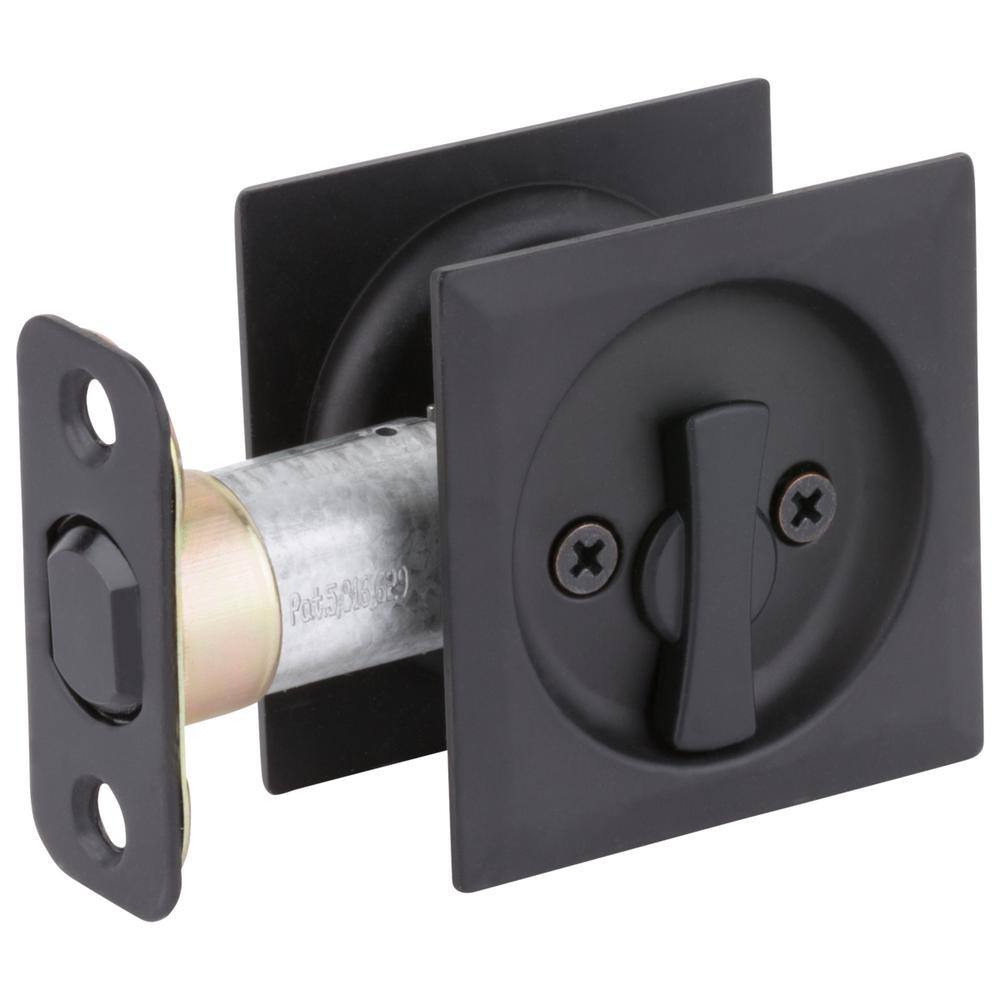 Kwikset Matte Black Square BedBath Pocket Door Lock with Lock 335514SQTPCKTDR