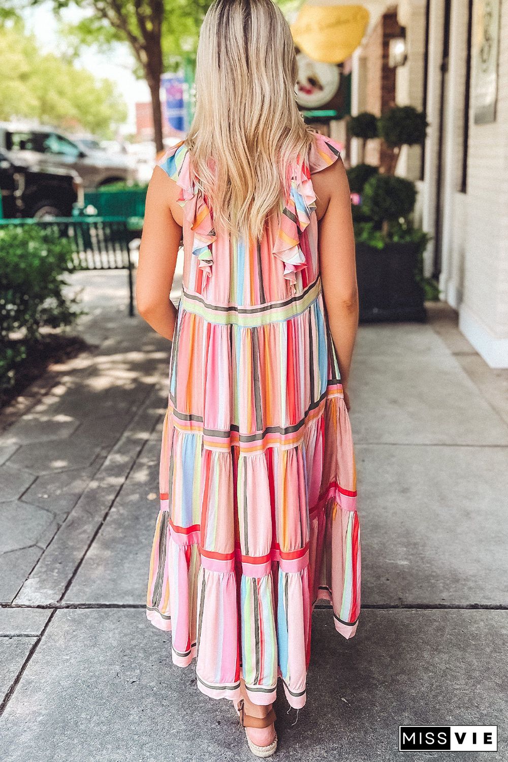 Pink Rainbow Stripe Ruffles Ruched Tiered Dress