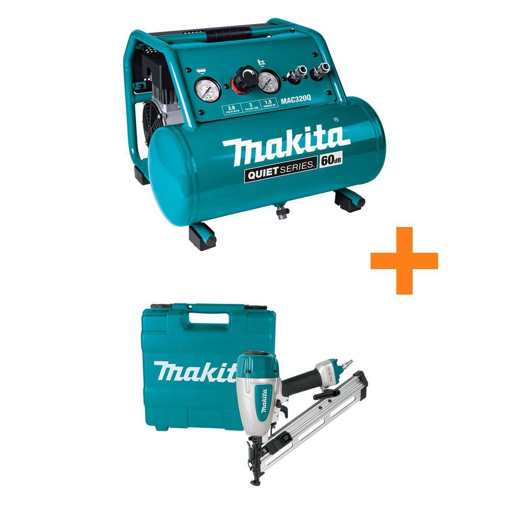 Makita 3 Gal. Quiet Series 1.5 HP Oil-Free Electric Air Compressor with Bonus 15-Gauge 2.5 in. Angled Finish Nailer MAC320Q-AF635