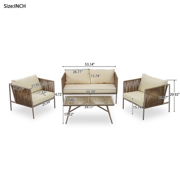 4Piece Outdoor Metal Frame Rope Conversation Sofa Set with Glass Table