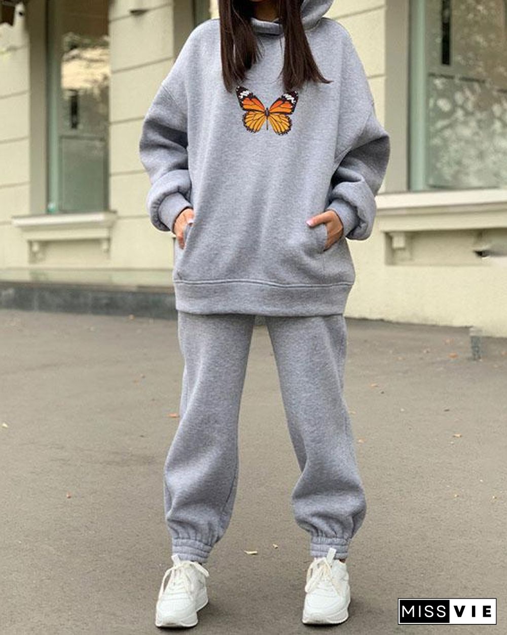 Women Fleece Tracksuits 2 Pieces Sets Oversize Butterfly Print Hoodie&Sweatpants