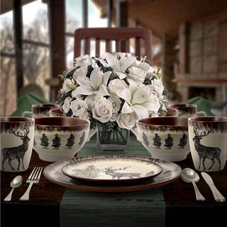 Elama Majestic Elk 16-Piece Seasonal Taupe Stoneware Dinnerware Set (Service for 4) 985112047M