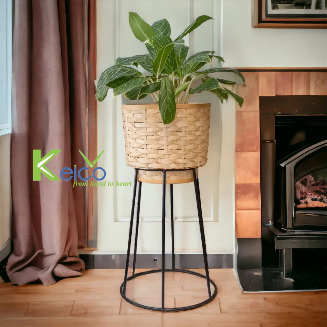 Boho and Modern Style Bamboo Woven Round Plant Pot With Metal Legs for Home Decoration made in Vietnam