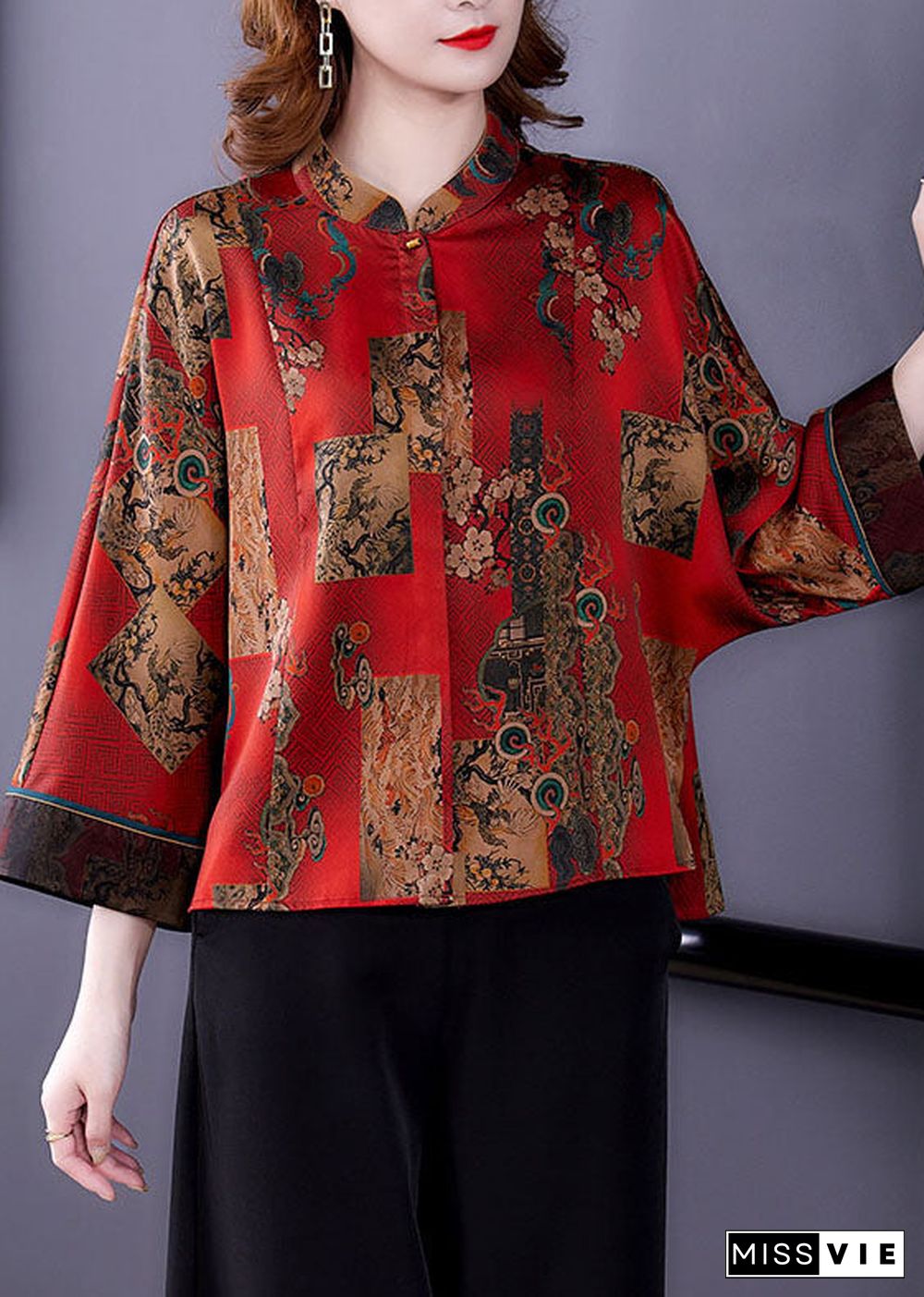 Handmade Red Original Design Mandarin Collar Print Silk Blouses Long Sleeve