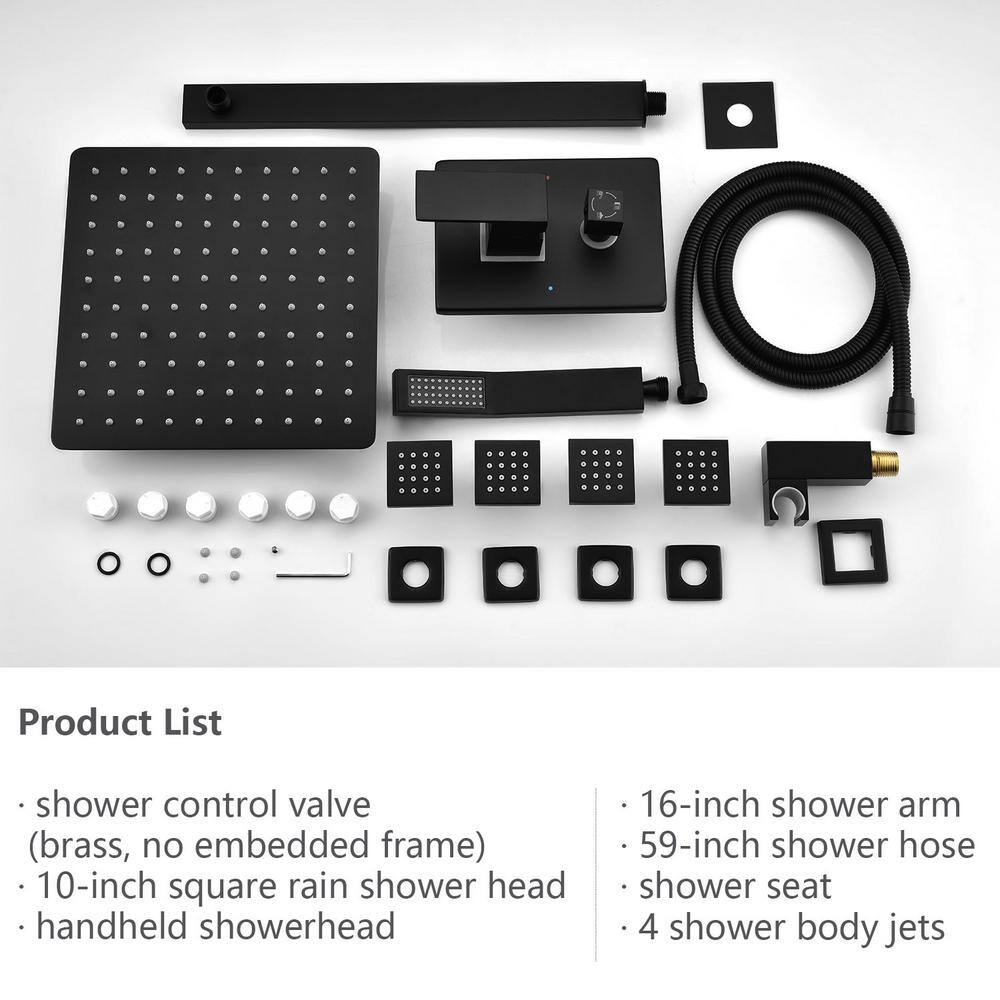 Satico Modern 4-Body Jet Shower Kit 3-Spray 10 in. Square Rain Shower Head with Hand Shower in Matt Black (Valve Included) BM01115B