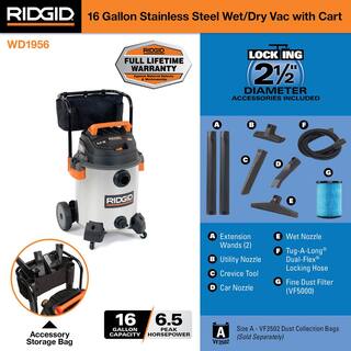 RIDGID 16 Gallon 6.5 Peak HP Stainless Steel WetDry Shop Vacuum with Fine Dust Filter Locking Hose and Accessories WD1956