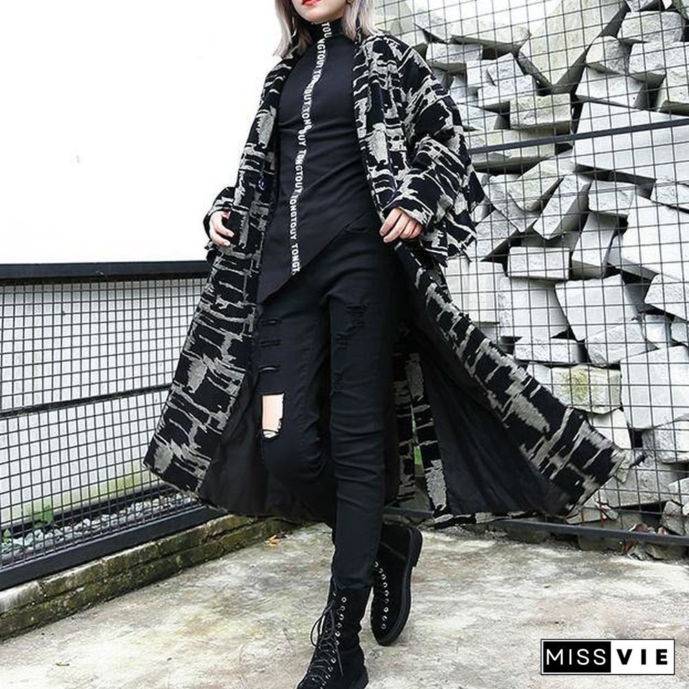 2019 black print Coat plus size lapel patchwork Coat Fine asymmetrical design coat