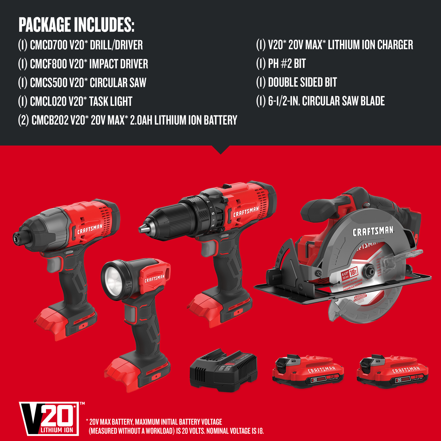 Craftsman V20 20 V Cordless Brushed 4 Tool Combo Kit