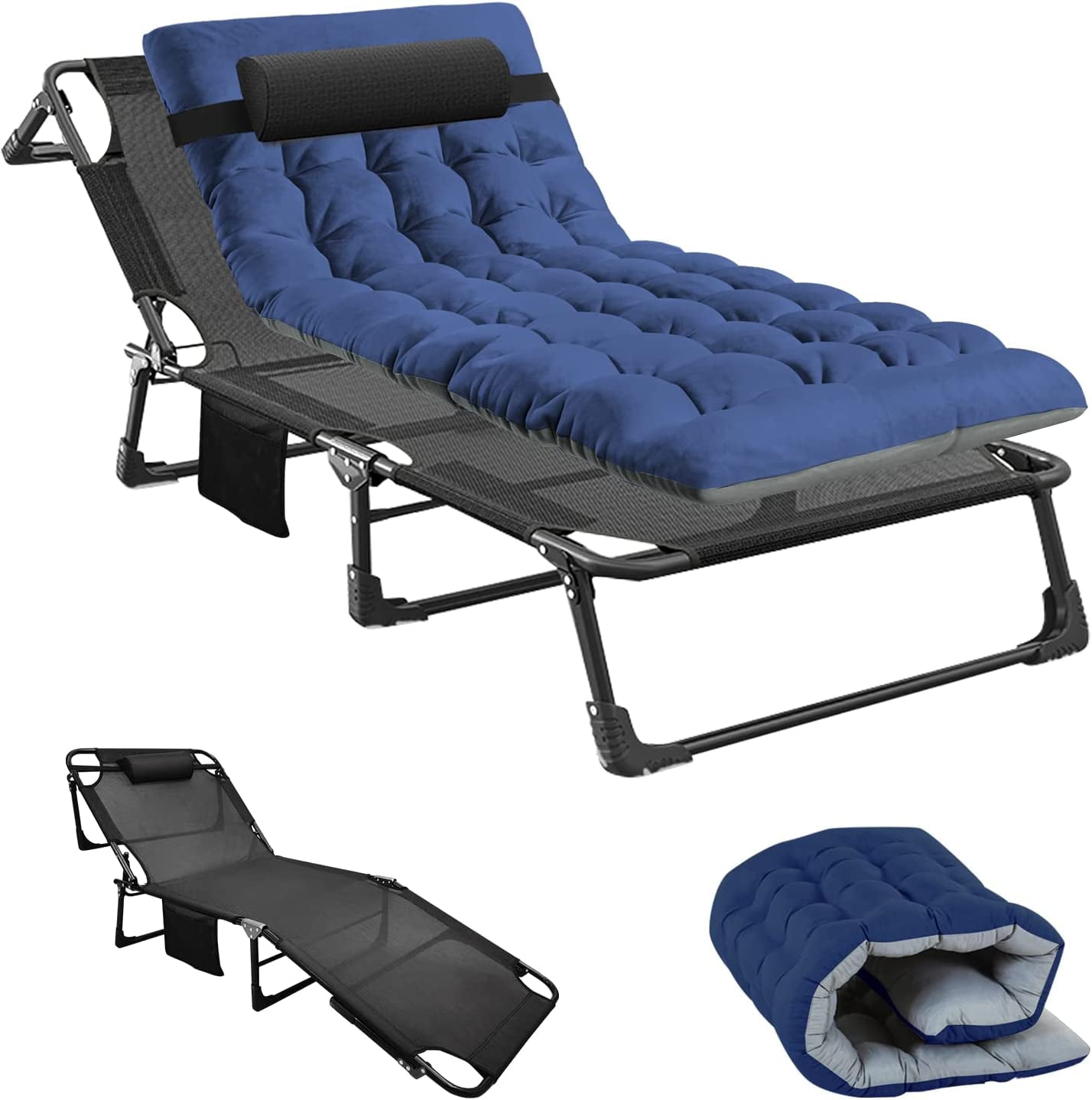 ABORON Camping Cots for Adults, 4- position Adjustment Folding Chaise Lounge Chair, Folding Cots, Sleeping Cots with 2-Sides Cotton Mattress & Pillow