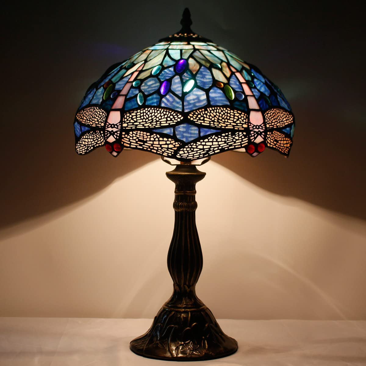 Tiffany Table Lamp Blue Stained Glass Dragonfly Style Desk Bedside Reading Light 12X12X18 Inches Decor Bedroom Living Room Home Office S631 Series