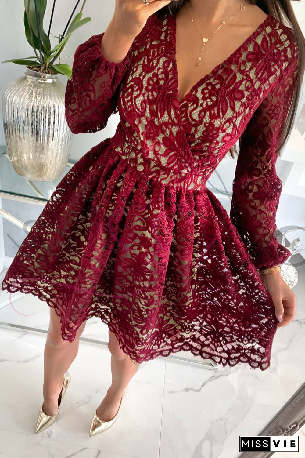 Wine Red V Neck Lace Skater Mini Dress