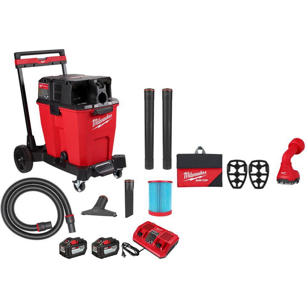 MW M18 FUEL 12 Gal. Cordless Dual-Battery WetDry Shop Vac Kit wAIR-TIP 1-14 in. - 2-12 in. Swiveling Palm Brush Tool 0930-22HD-49-90-2020