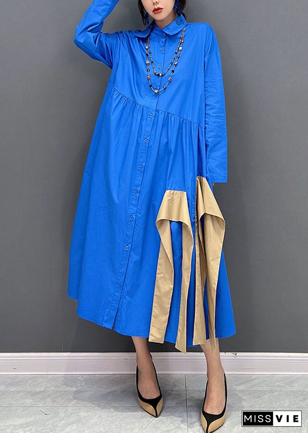 Art Blue Asymmetrical Design Patchwork Cotton Maxi Dresses Fall