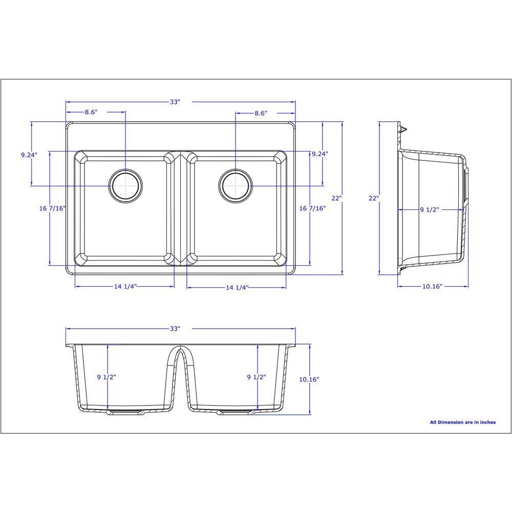 Winpro Dual Mount Granite Composite 33 in. L x 22 in. L x 9.5 in. 0-5 Faucet Holes Double Equal Bowl Kitchen Sink in Gray WGDGR603