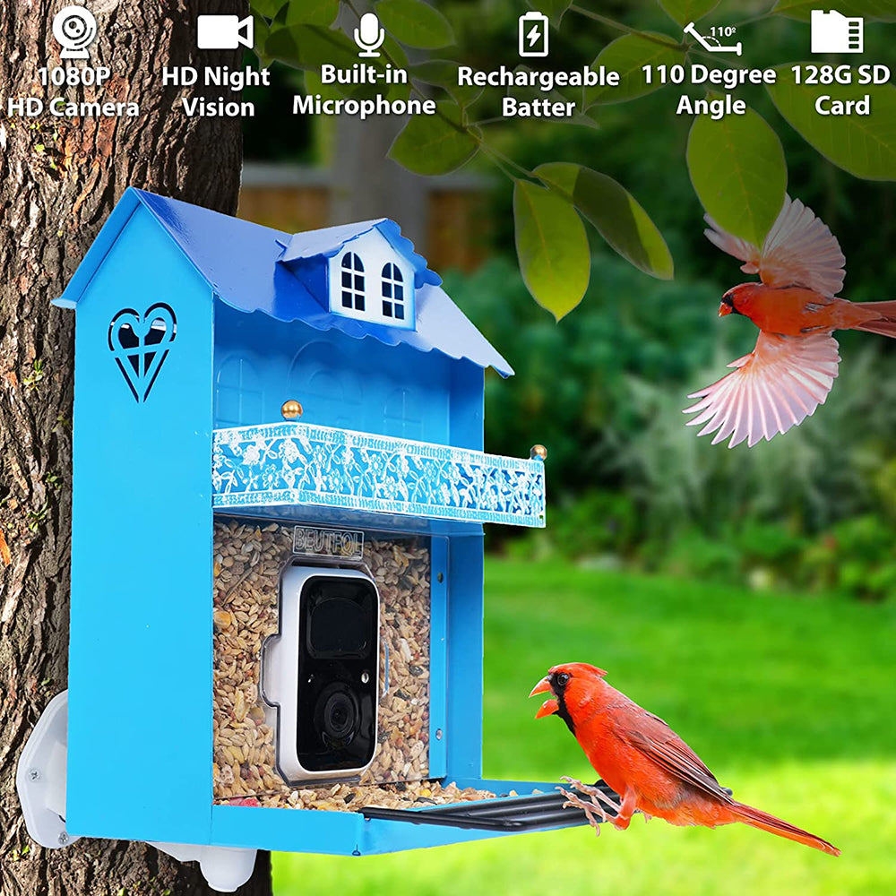 Smart camera for bird feedersBird feeders with HD cameraAutomatic bird video capture bird motion detectionWireless app notificationBird house camera32G free space for lifeIdeal gift for bird friend