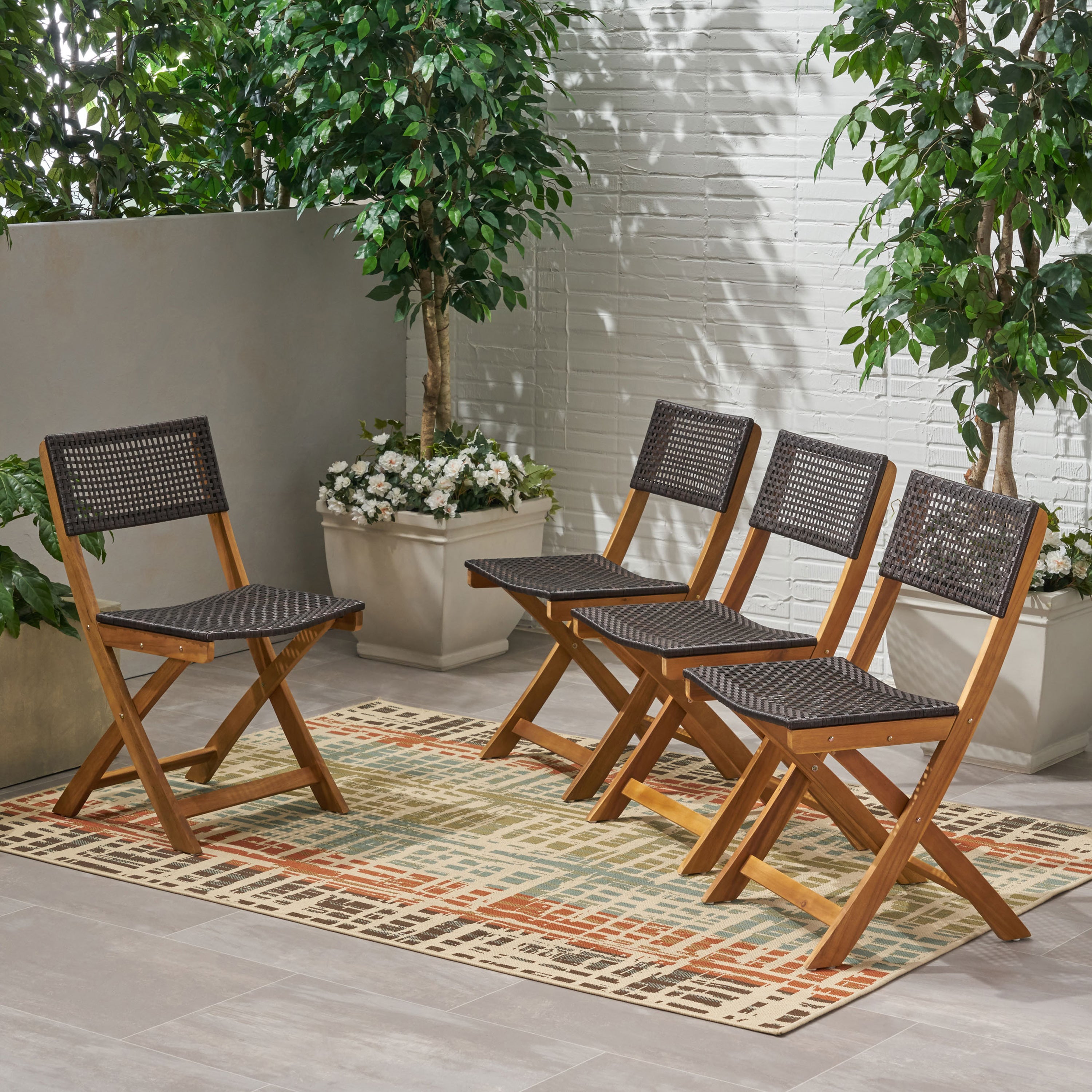 Truda Outdoor Acacia Wood Foldable Bistro Chairs with Wicker Seating (Set of 4)