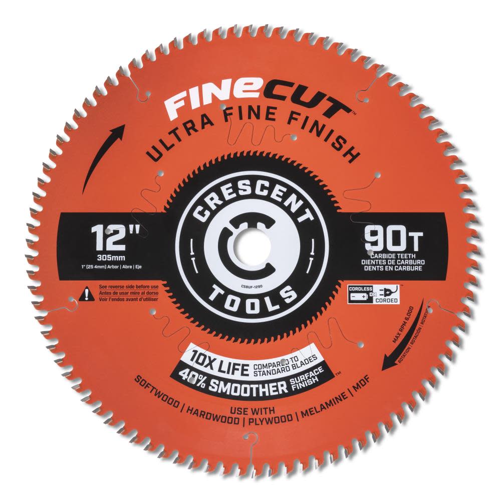 CRESCENT Circular Saw Blade 12 x 90 Tooth Fine Cut Ultra Fine Finishing ;