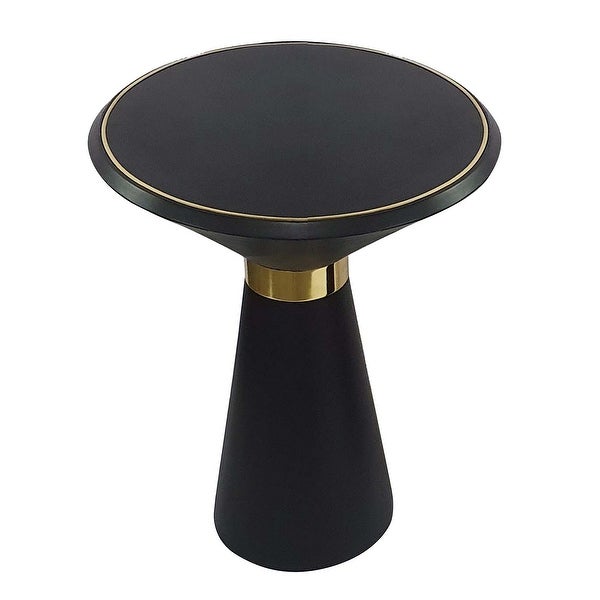 22 Inch Round Mango Wood Side Table， Smooth Brass Accents， Black Finish