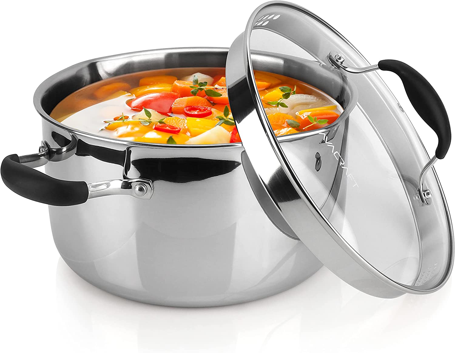 AVACRAFT Tri-Ply Stainless Steel Stockpot with Glass Strainer Lid， Side Spouts， 6 Quart Pot， Multipurpose Stock Pot， Sauce Pot (Tri-Ply Full Body， 6 QT)