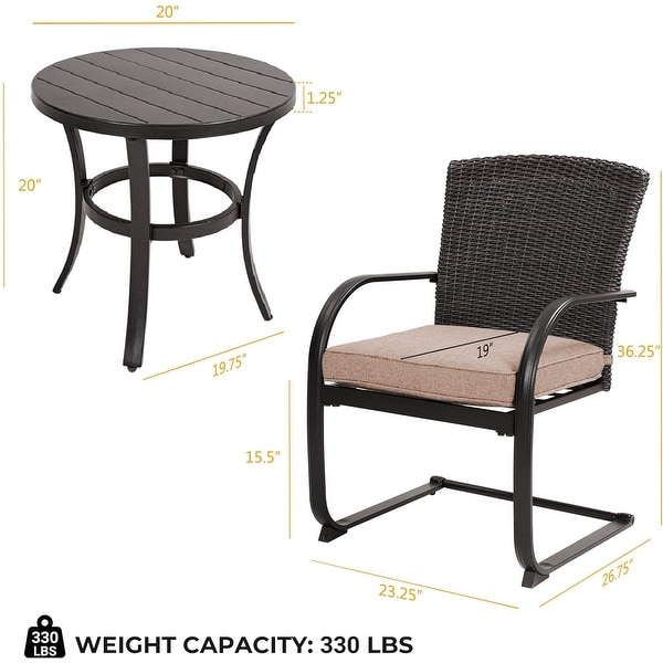 3 Piece CSpring Bistro Set，Outdoor Patio Rocking Wicker Chairs with Cushions and Small Coffee Table，for Porch，Garden