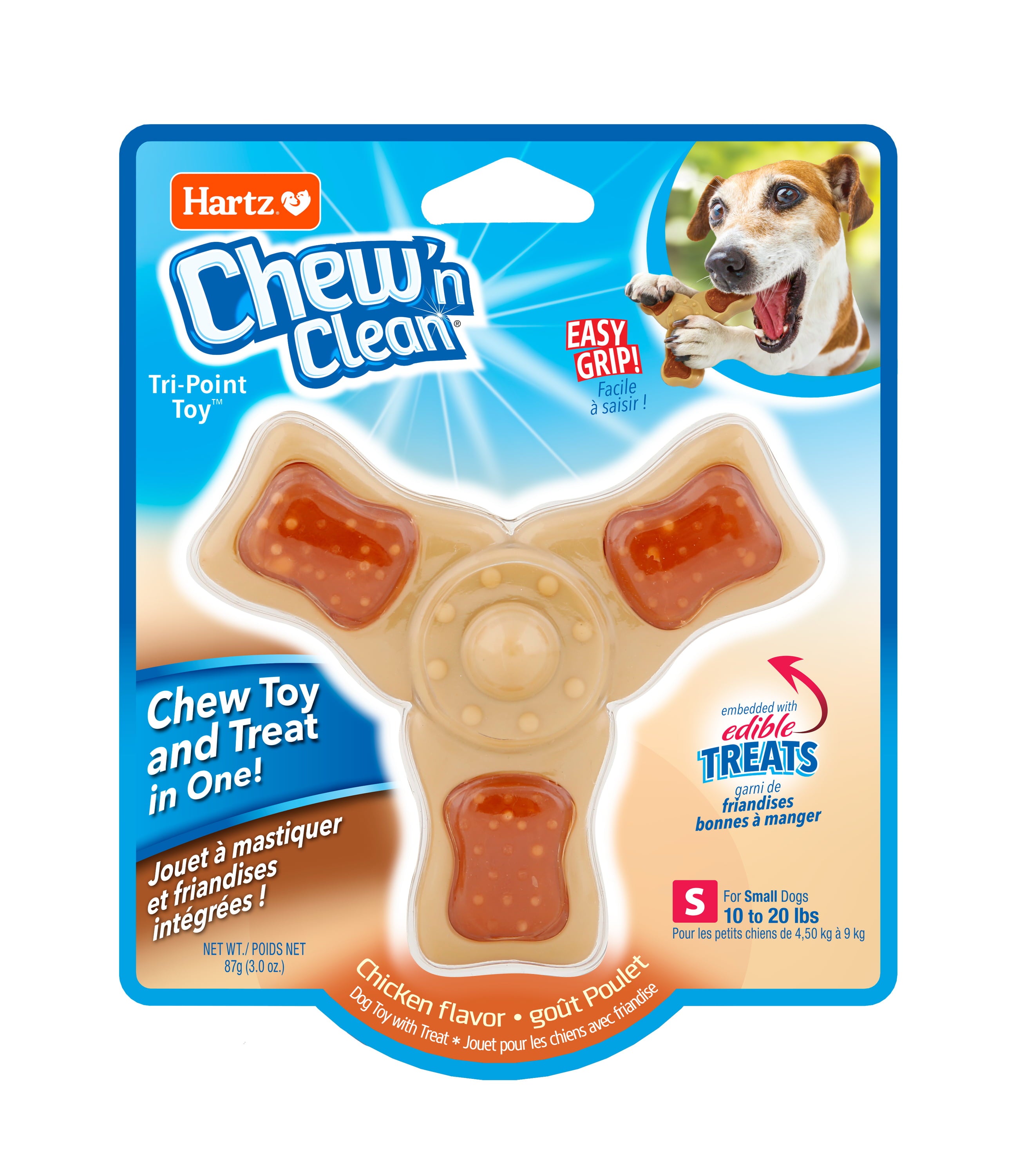 Hartz Chew ‘n Clean Tri-Point Chew Toy， Chicken Flavored Dog Toy For Moderate Chewers， Small