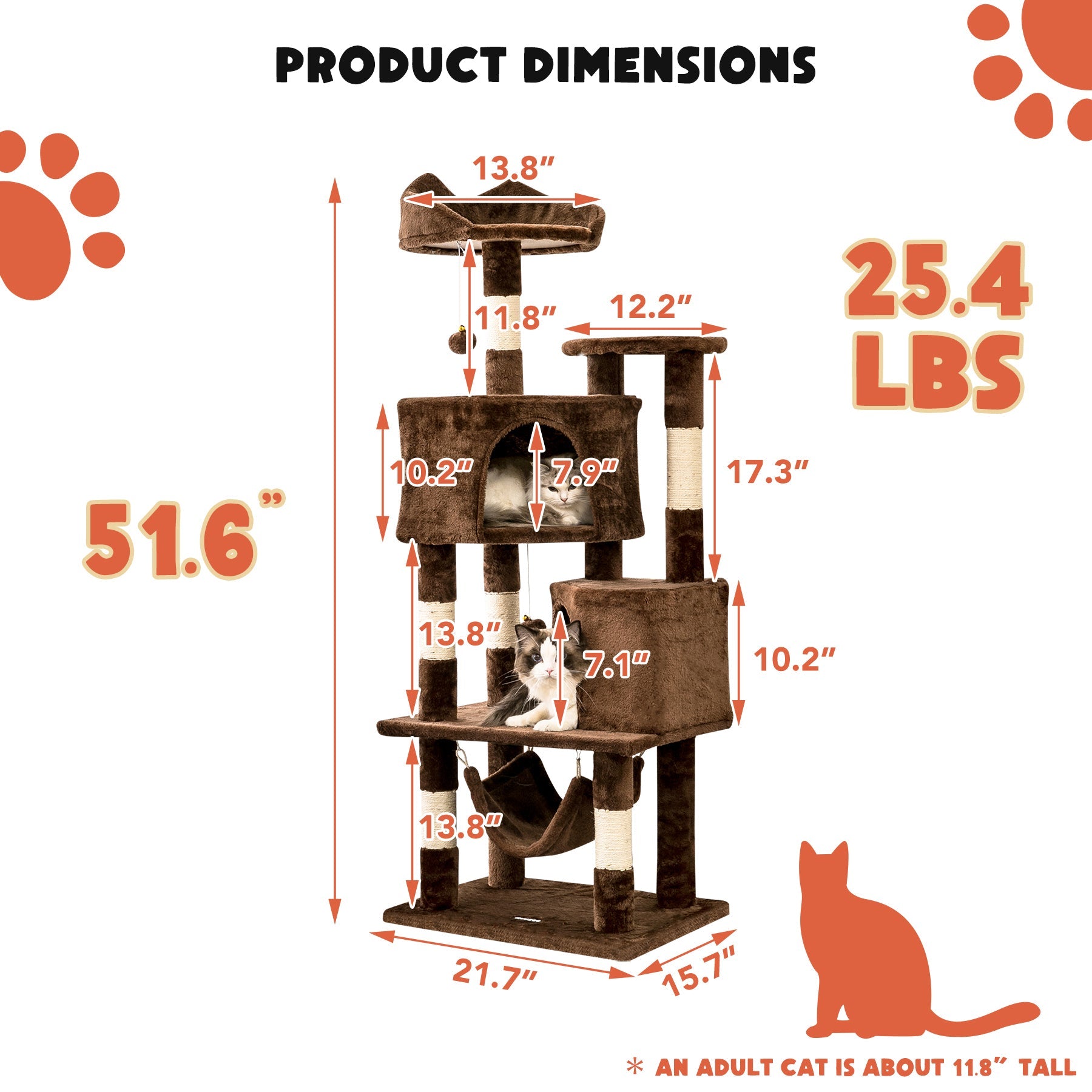 Quuzee 51.6-in Cat Tree Tower with Double Condo,Scratching Post Hammock, Brown