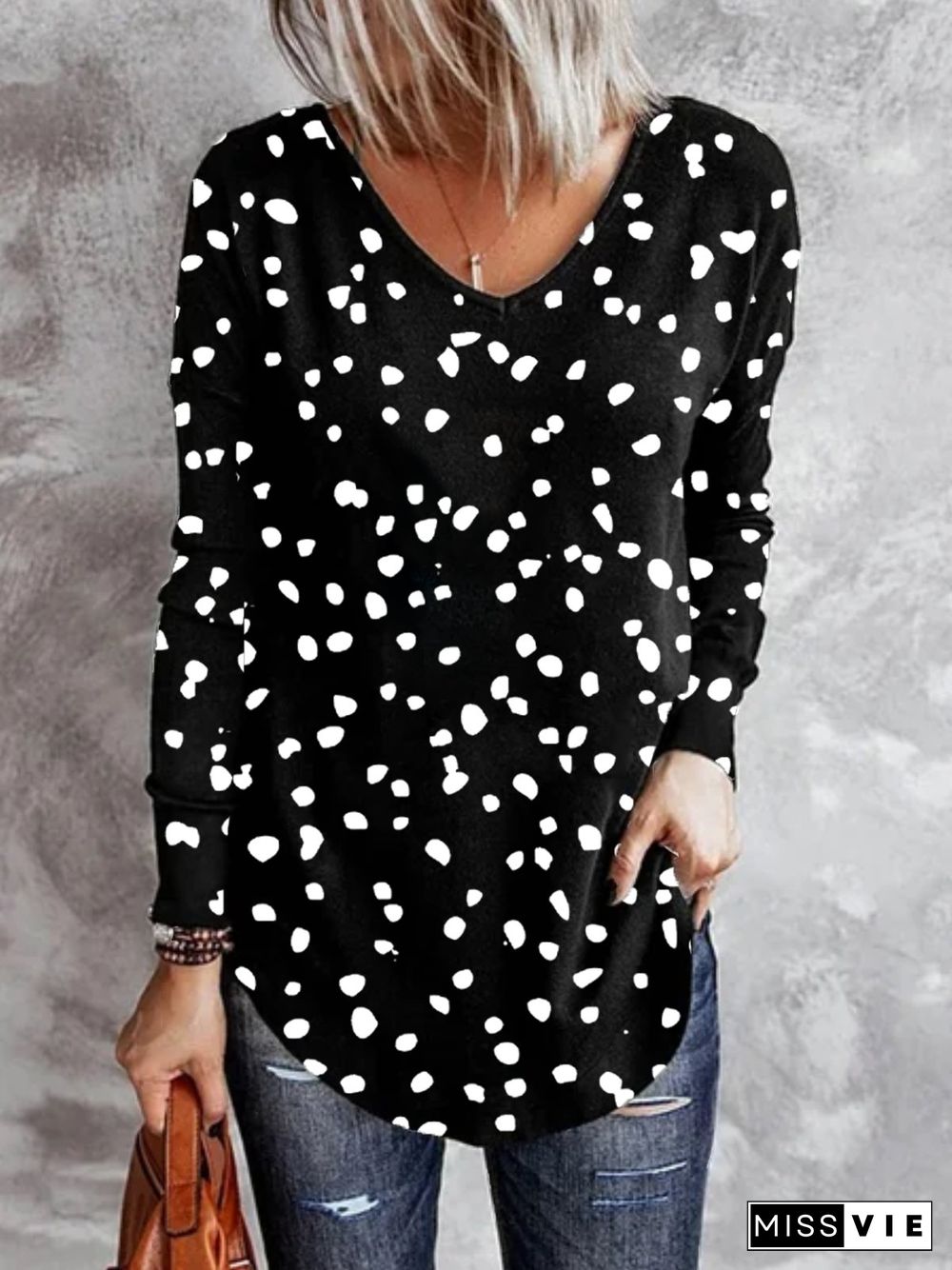 Casual Polka Dots Long Sleeve V Neck Plus Size Printed Tops T-shirts