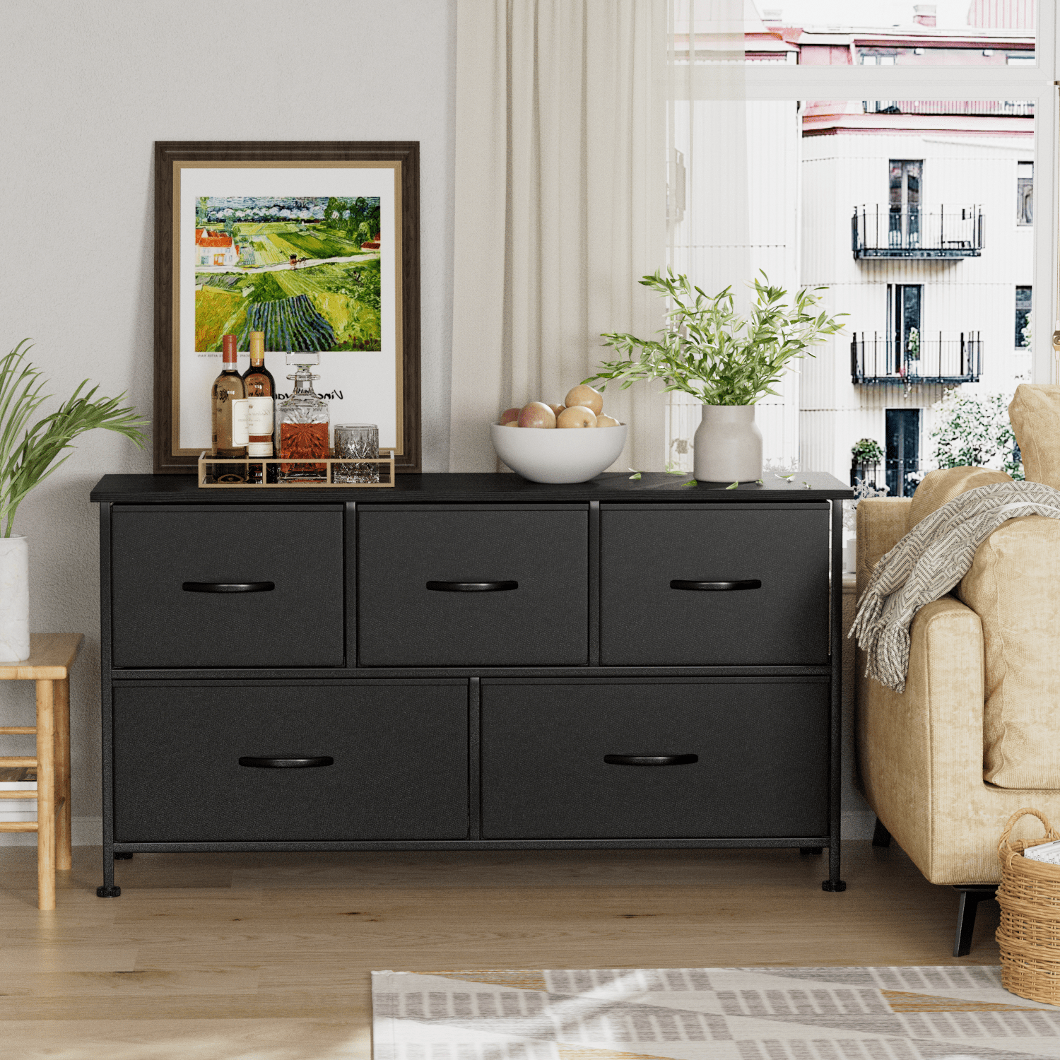 Vineego Dresser for Bedroom with 5 Drawers, Wide Chest of Drawers, Fabric Dresser,Black