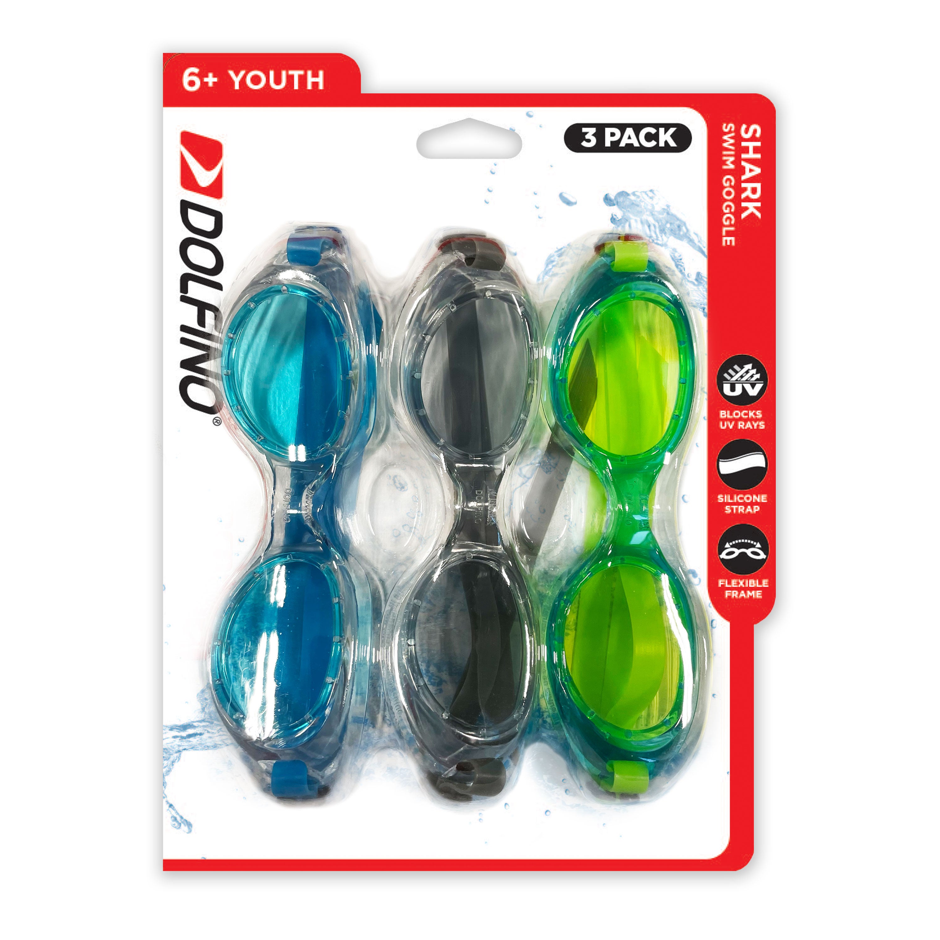 Dolfino Youth Latex Free Swim Goggles with Silicone Strap and UV Protection (3 Pack)