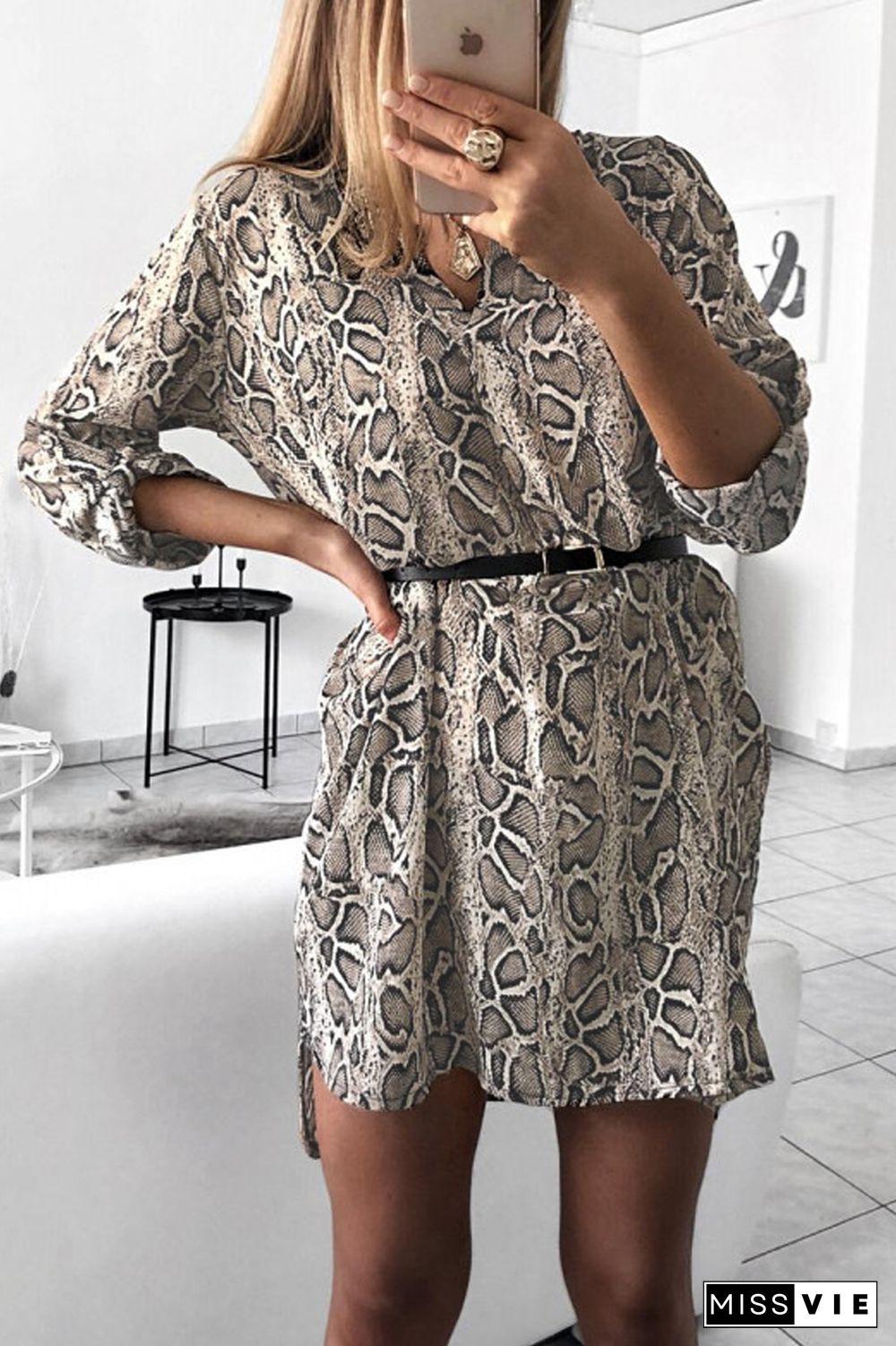 V-Neck Print Shirt Dress(Without Belt)