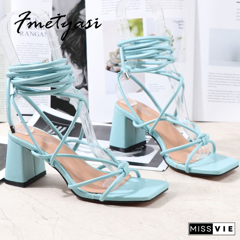 Summer Women Sandals Heels Lace Up Square Toe Block Heels Sexy Blue Black Gladiator Ankle Strap Heels For Women