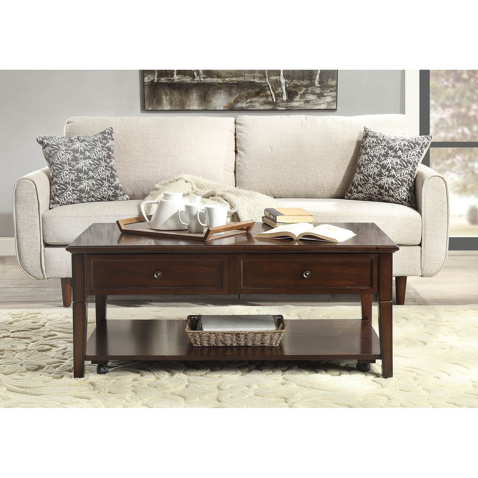 Transitional Wood Lift Top Coffee Table with 2 Storage Compartments， Center Table with Open Storage Bottom Shelf for Living Room