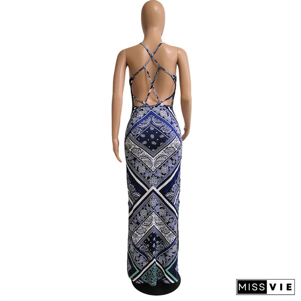 Sexy Pattern Print Halter Neck Backless Slit Night Party Club Elegant Floor Length Skinny Long Dresses