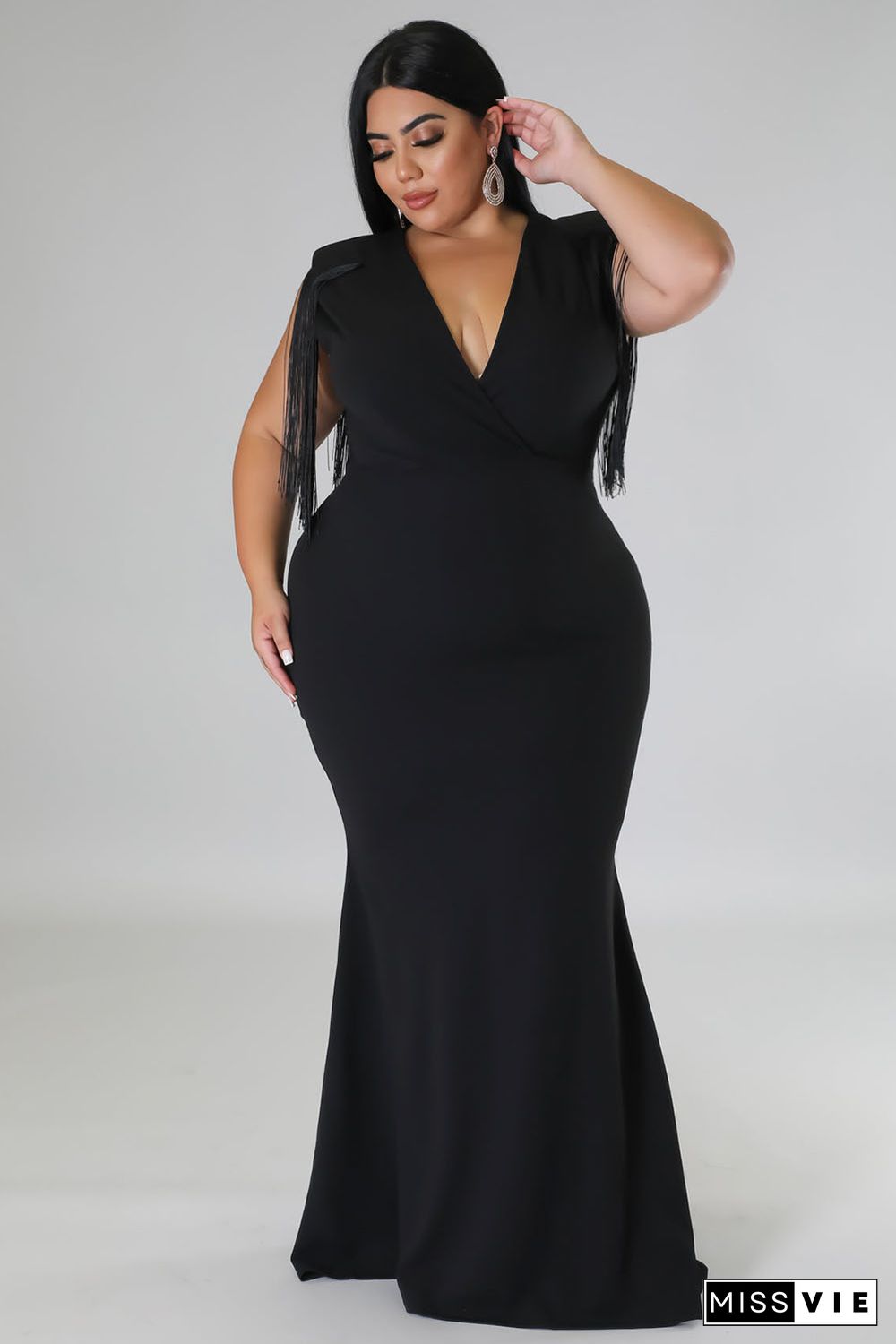 Black Plus Size Surplice V Neck Fringe Formal Maxi Dress