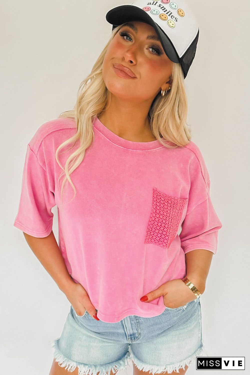 Pink Acid Wash Lace Patch Pocket T-Shirt