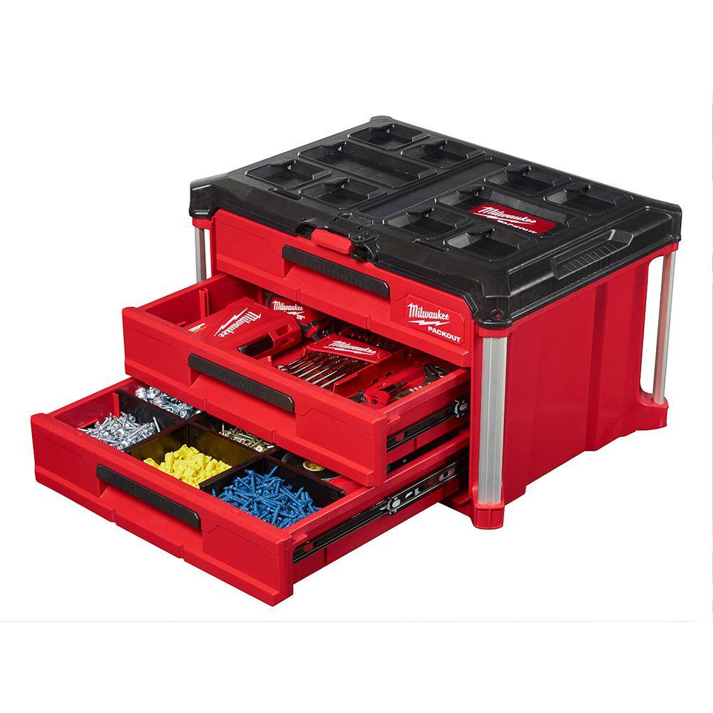 MW 38 in. Drive SAEMetric Mechanics Tool Set (62-Piece) with PACKOUT 3-Drawer Tool Box 48-22-9008-48-22-2706-48-22-8443